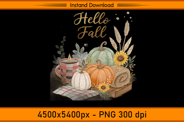 Hello Fall Pumpkin Blanket and Coffee Sublimation PNG