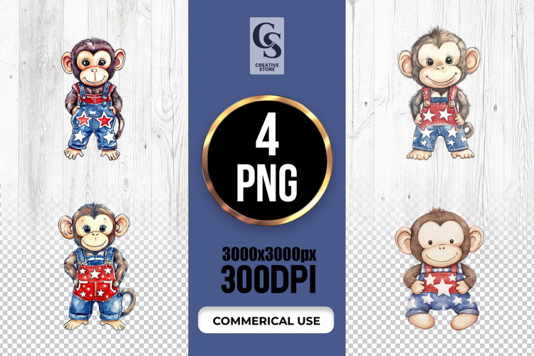 Cute Monkey Patriotic Overalls Watercolor Clipart PNG