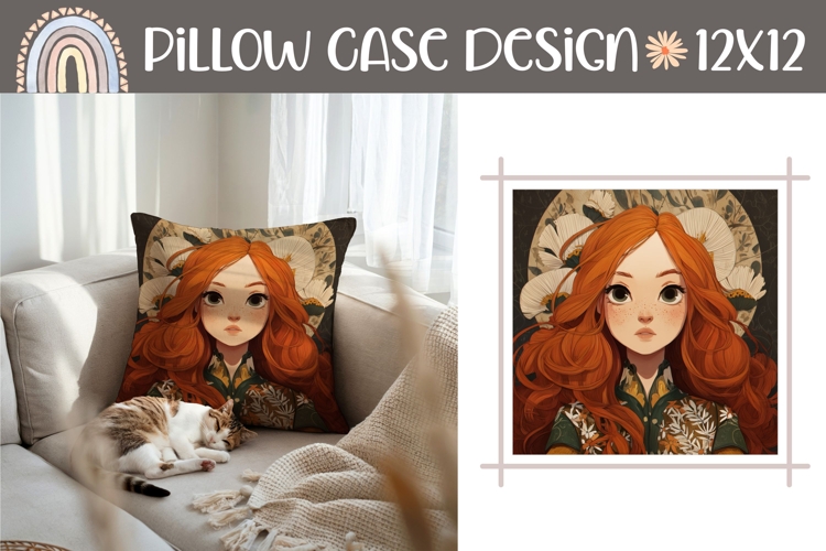 Red Hair Girl Pillow Design, Cartoon Pillow Sublimation