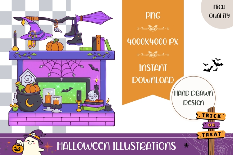 Hand Drawn Magic Illustration, Colorful Halloween Fireplace