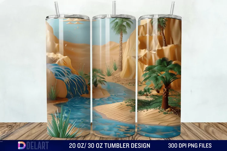 3D Tranquil Desert Oasis Stained Glass Tumbler Wrap