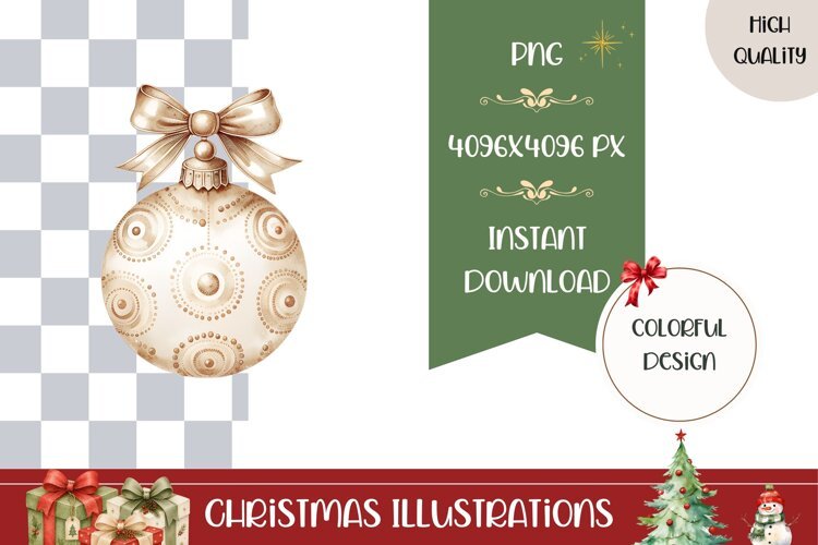 Boho Christmas Ball Illustration, Gold Christmas PNG example image 1