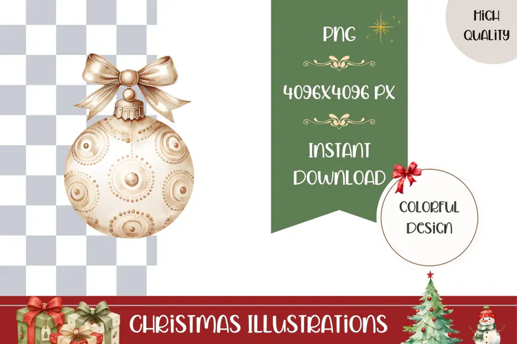 Boho Christmas Ball Illustration, Gold Christmas PNG