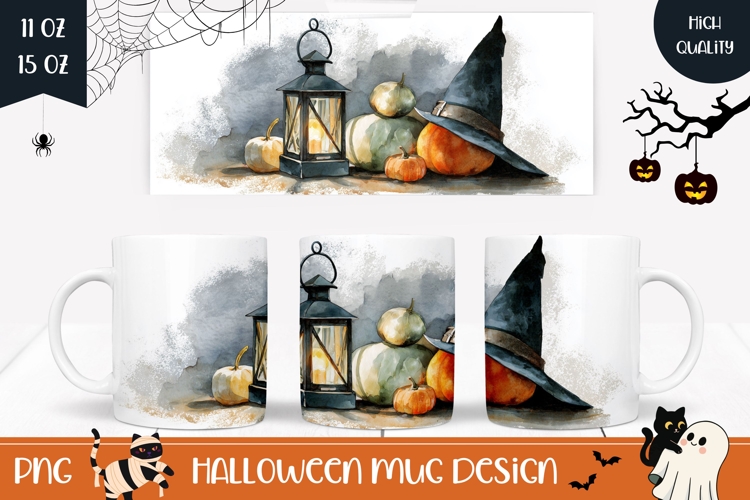 Watercolor Halloween Mug Wrap, Halloween Pumpkins Mug