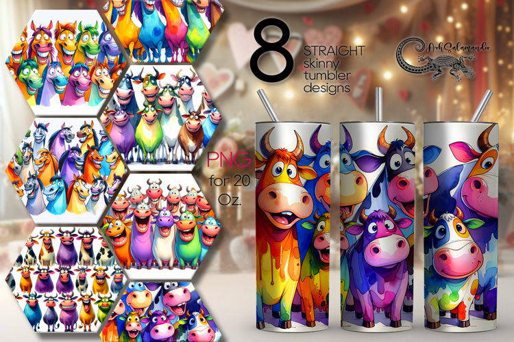 Funny animals | 8 skinny tumbler Sublimation designs, PNG