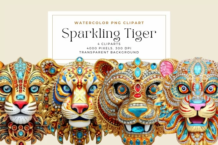 4 Watercolor Sparkling Tiger Clipart