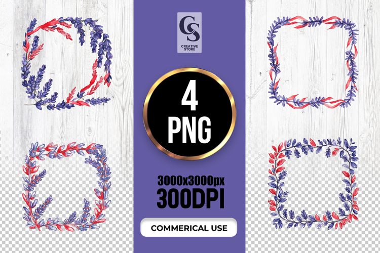 Patriotic Floral Frame Watercolor Clipart PNG