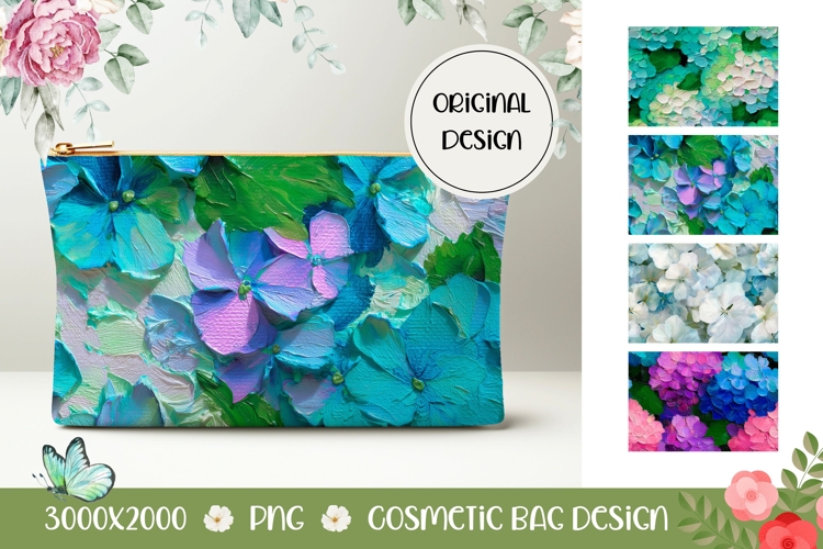 Art Flowers Cosmetic Bag, Hydrangea Cosmetic Bag PNG