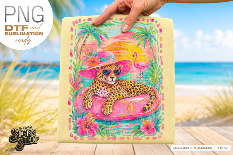 Tropical Leopard png, Pink Pool Float Summer Design DTF