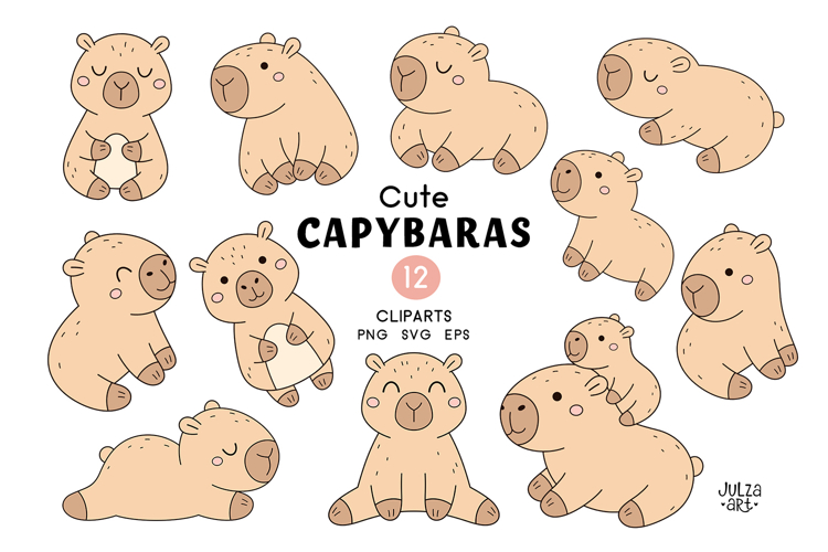 Kawaii Capybara Clipart Set, Cute Capybara Png, Animal Svg