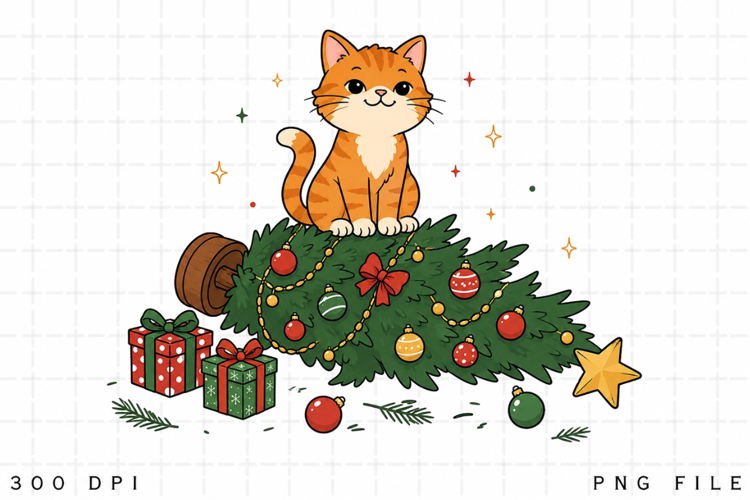 Christmas Cat PNG Clipart, Orange Tabby Cat Fallen Christmas