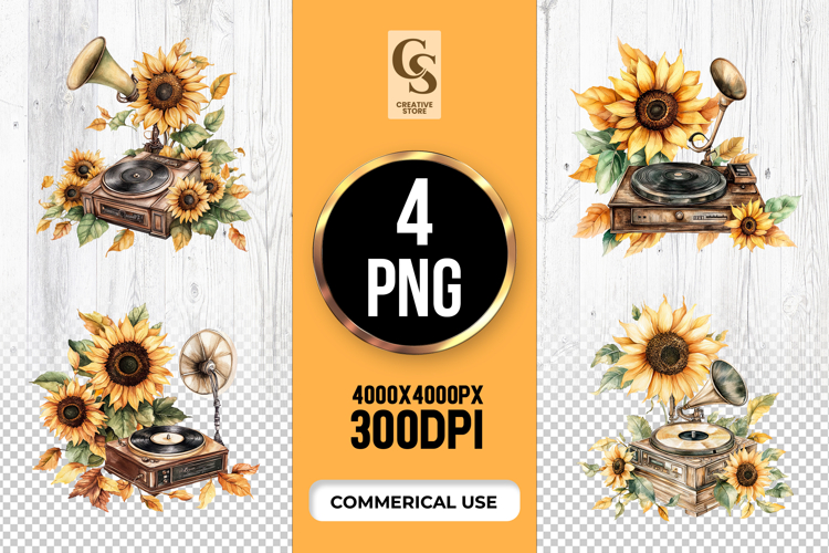 Sunflower Gramophone Clipart Sublimation PNG