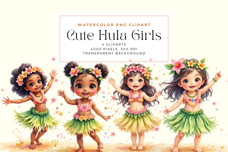 Watercolor Cute Hula Girl Cliparts