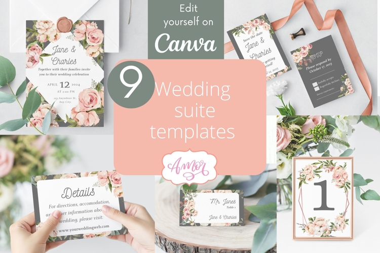 Floral Wedding Canva Templates Bundle, Botanical invitation