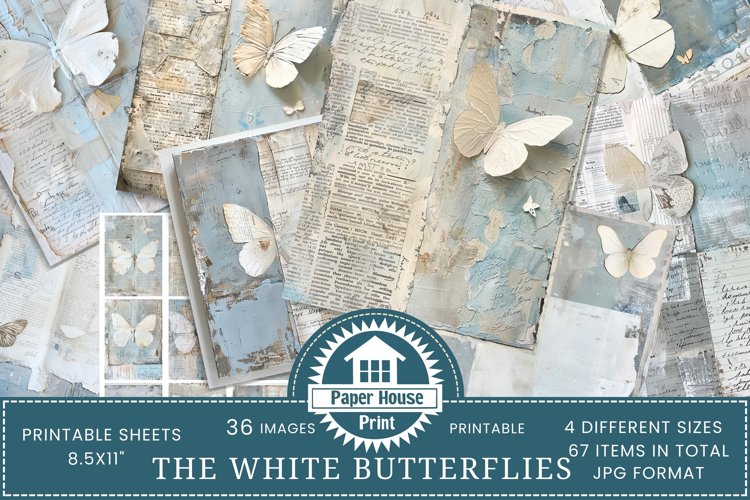 White Butterflies Junk Journal Paper Pack example image 1