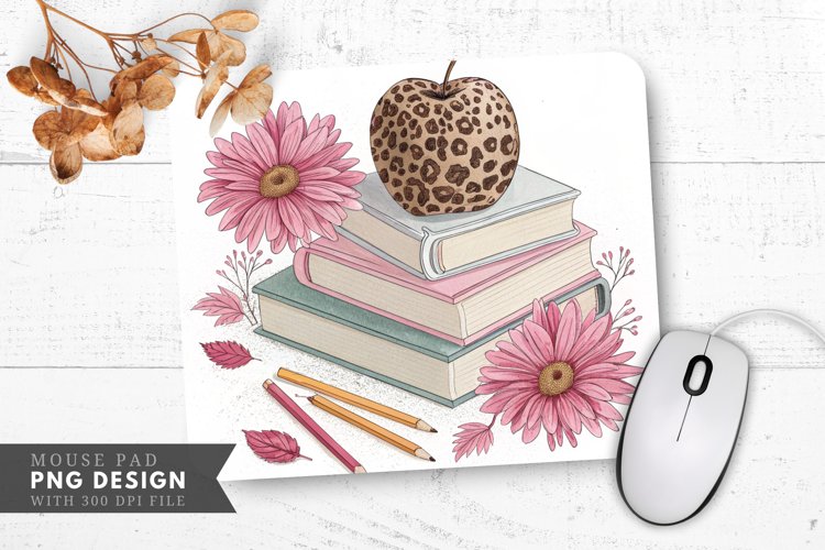 Leopard Print Apple Sunflowers and Pencils Mouse Pad PNG