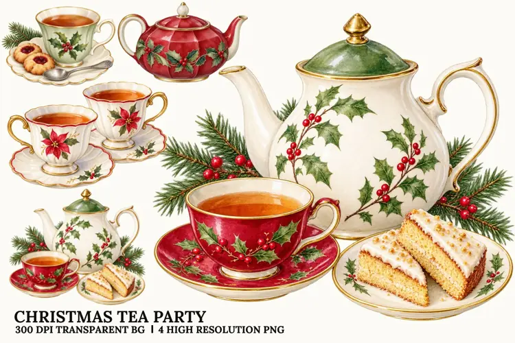 Christmas Tea Party PNG, Holiday Teacup Sublimation Design
