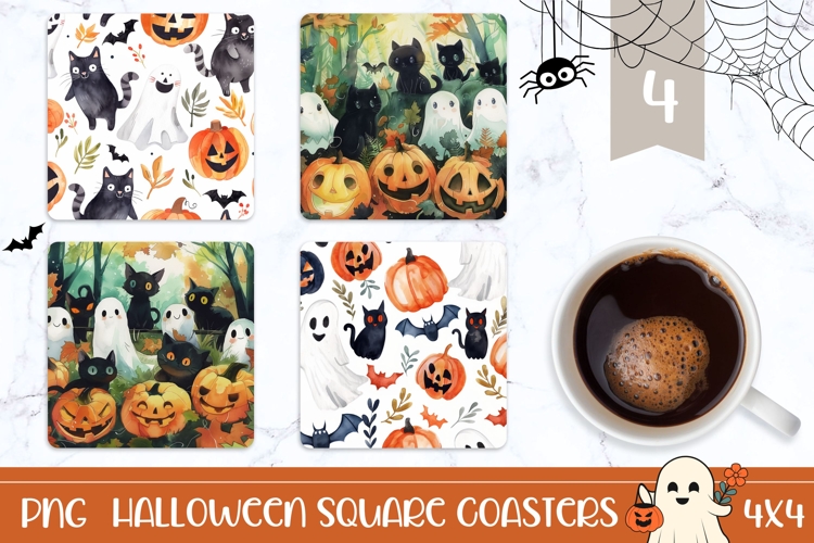 Watercolor Halloween Ghost Square Coasters, Black Cat Print