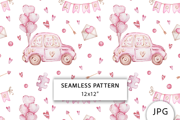 Pink Car with Balloons Seamless Pattern, Valentines paper