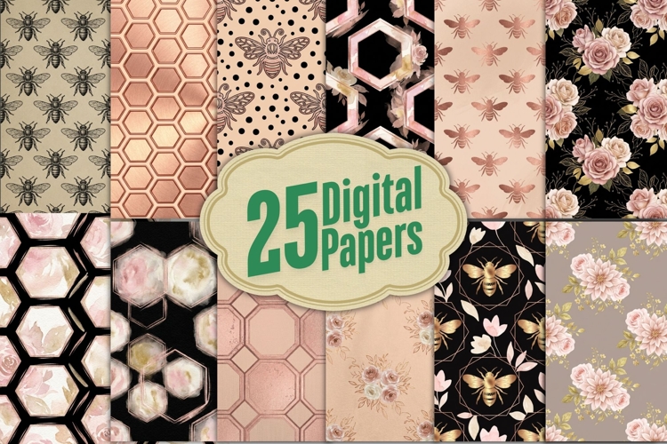 Rose Gold Bee and Floral Digital Paper