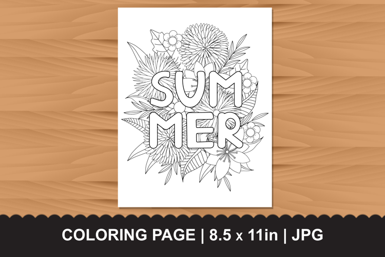 Summer Word Coloring Page with Detailed Flowers and Leaves