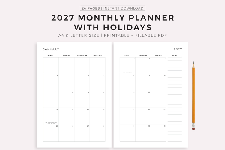 2027 Monthly Planner with Holidays, Dated Month on 2 Pages