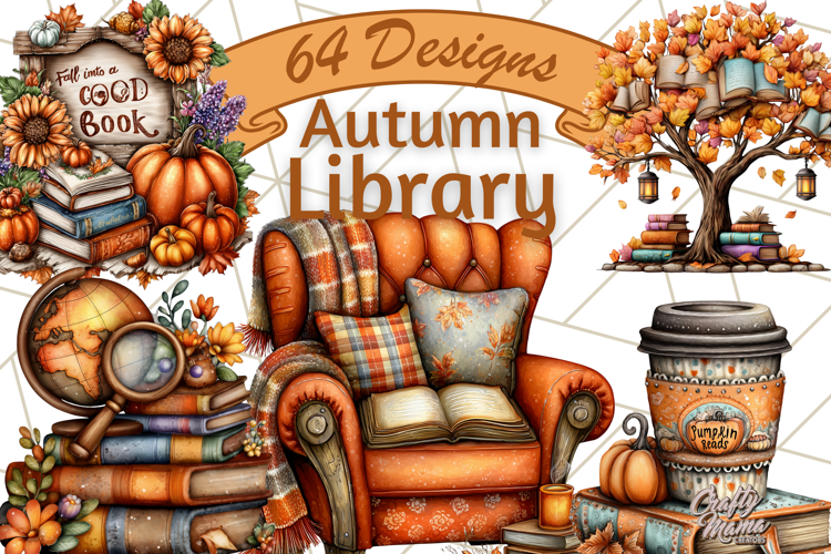 Autumn Library Clipart PNG, Cozy Fall Book Art