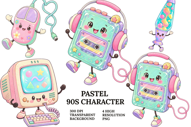 Pastel 90s Kawaii Retro Gadget Characters PNG