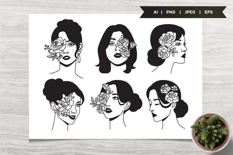 Beautiful Woman Face with Pretty Flowers Illustration Set example image 1
