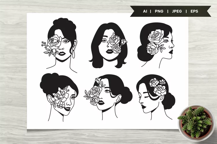 Beautiful Woman Face with Pretty Flowers Illustration Set