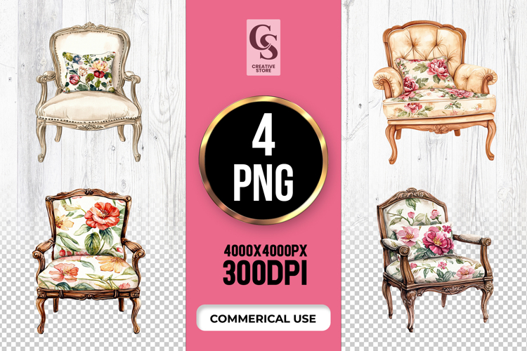 Vintage Floral Armchair Clipart Sublimation PNG