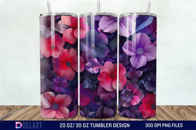 3D Fuchsia and Violet Flowers Tumbler Wrap