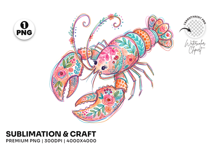 Hand Drawn Summer Floral Lobster Coastal Clipart PNG