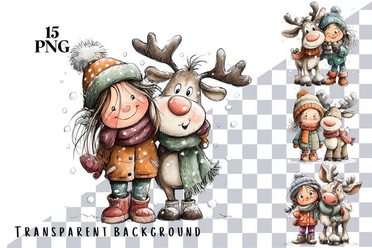 15 PNG Whimsical Cute Christmas Girl and Reindeer clipart