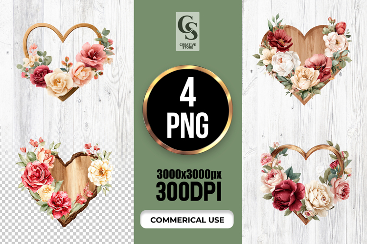 Watercolor Floral Heart Wooden Frame Clipart Sublimation PNG