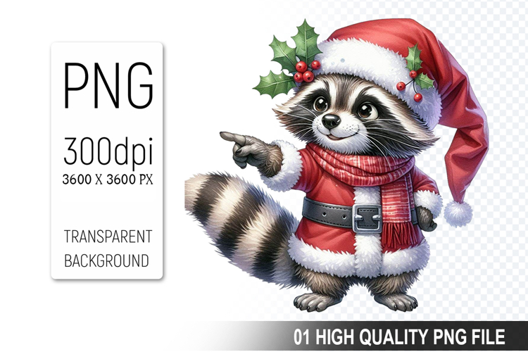 Christmas Raccoon in Santa Outfit Clipart, High-Quality PNG