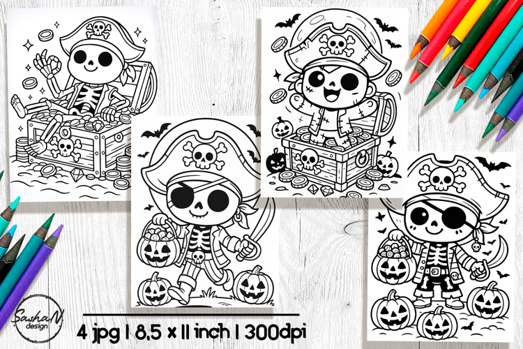 Cute skeleton Halloween coloring pages, Pirate png