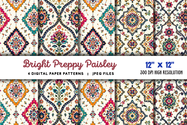 Bright Preppy Paisley Digital Paper JPG