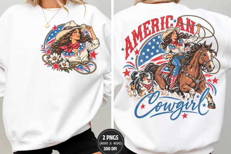 American Cowgirl Front Back PNG, Patriotic Cowgirl Chest Bac