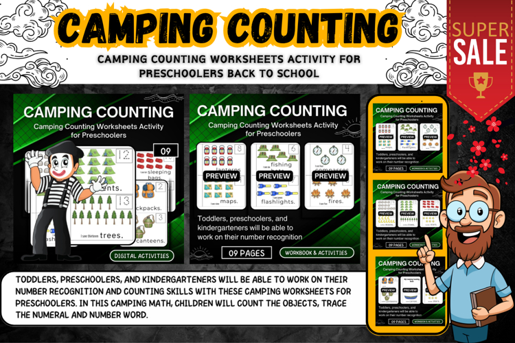 Camping Counting Worksheet Activities printable kindergarten