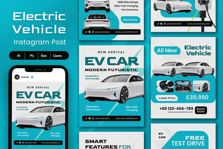 Modern Electric Vehicle EV Car - Social Media Kit