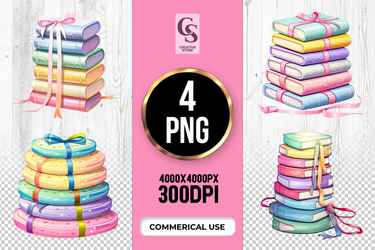 Pastel Book Stacks With Ribbons Clipart Sublimation PNG