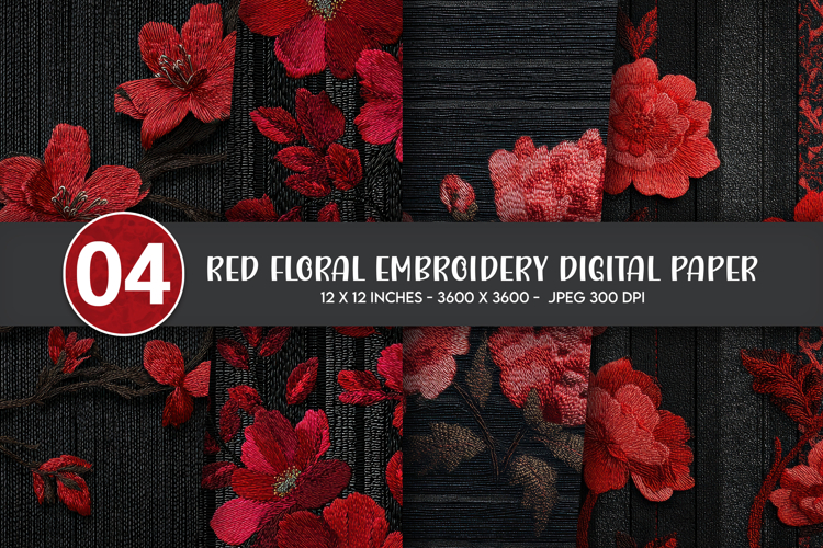 Red Floral Embroidery Digital Paper