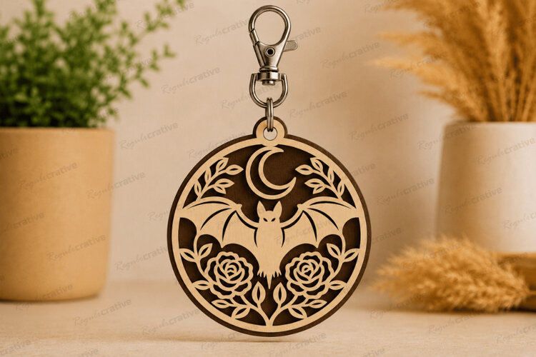 Bat Moon Round Keychain Laser Cut SVG File bat keychain svg example image 1