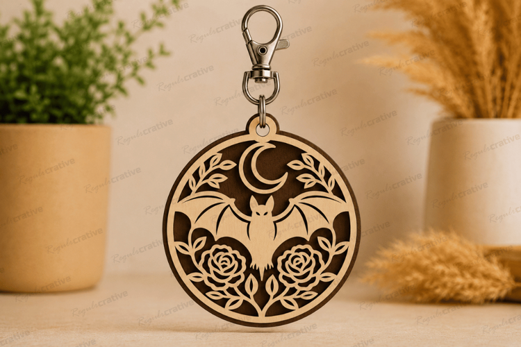 Bat Moon Round Keychain Laser Cut SVG File bat keychain svg