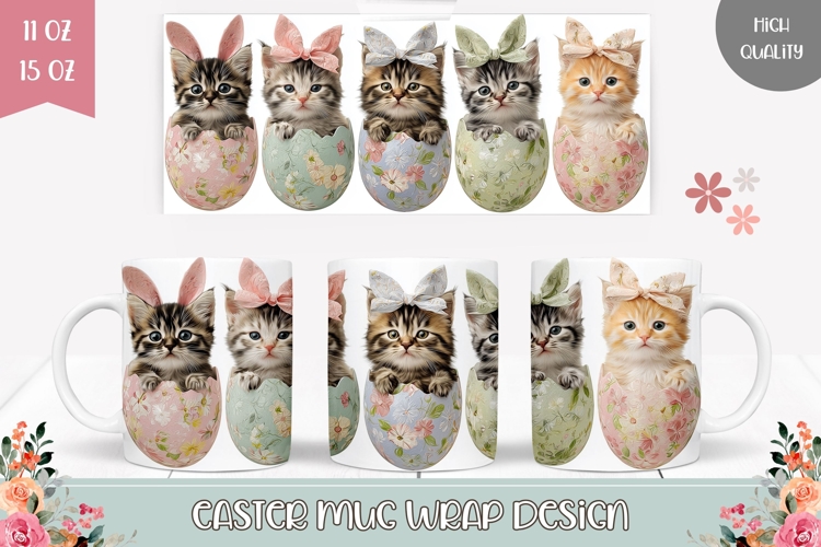 Cartoon Easter Cat Mug Wrap, Easter Mug Template