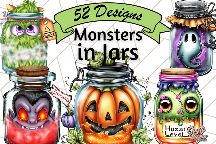 Halloween Monster Clipart PNG, Monsters in Jars, Spooky Png example image 1