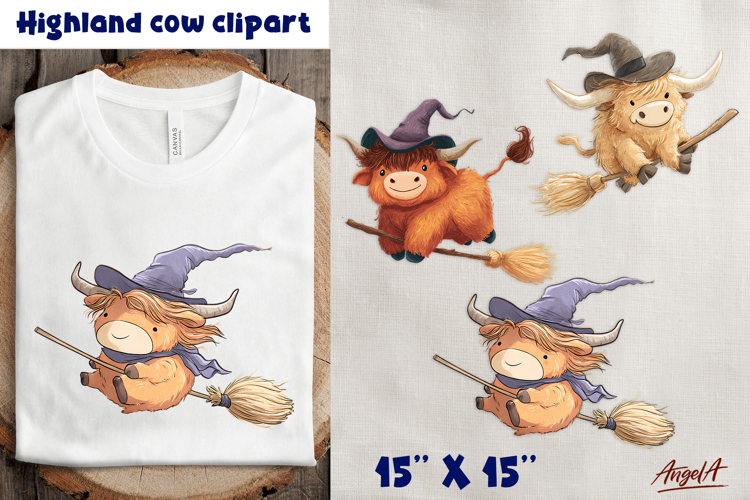 Halloween Highland cow with witch hat on broomstick clipart