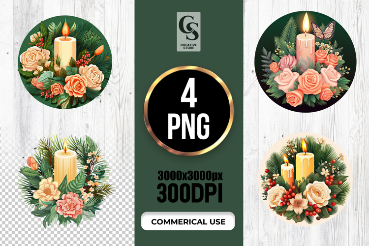 Floral Candle Wreath Christmas Sublimation SVG PNG