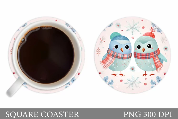 Cute Birds Coaster Design. Winter Birds Coaster Sublimation
